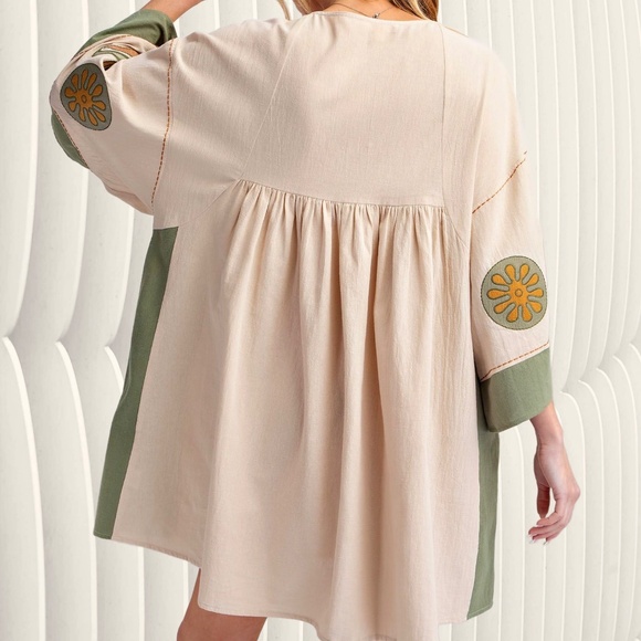 EASEL "Desert Flower" Xtra Full Comfy Linen-Look Embroidered Tunic Dress Pockets - Picture 10 of 15